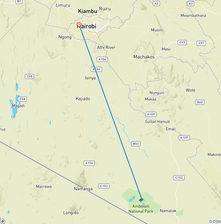 Map of 3 Days, 2 Nights Amboseli SGR TRAIN Safari Package with complimentary airport up.