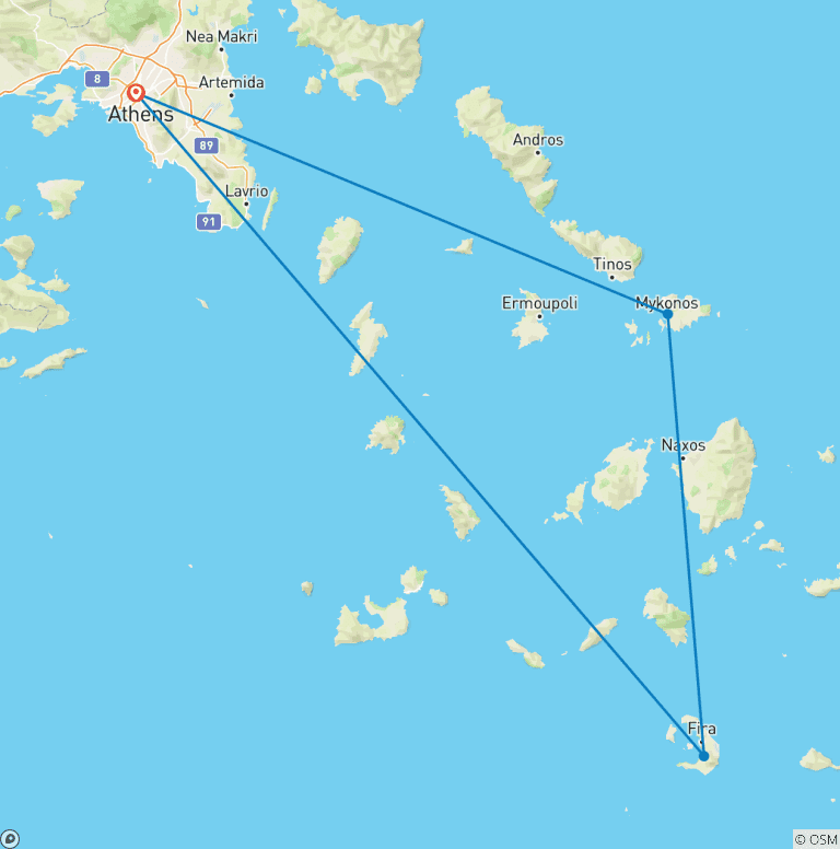 Map of Athens, Santorini & Mykonos with 3 Guided Tours | SemiPrivate  | 10 Days