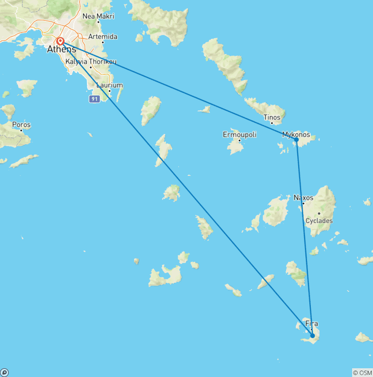 Map of Athens, Santorini & Mykonos Tour - 7 Days -