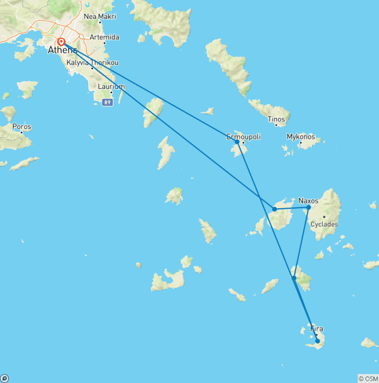 Map of Athens & 5 Greek Islands Tour - 13 Days - Standard