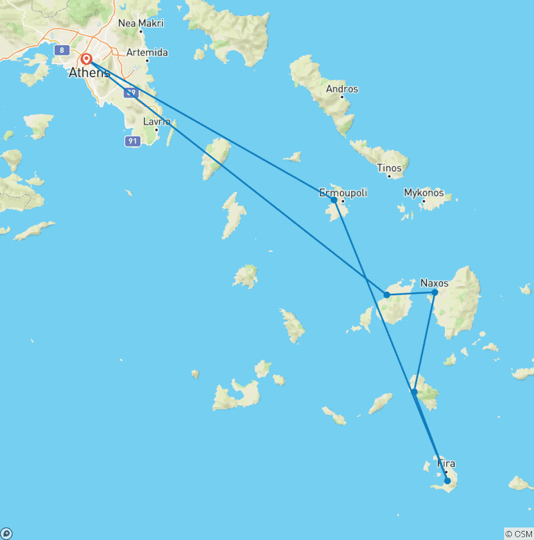 Map of Athens & 5 Greek Islands Tour - 13 Days - Standard