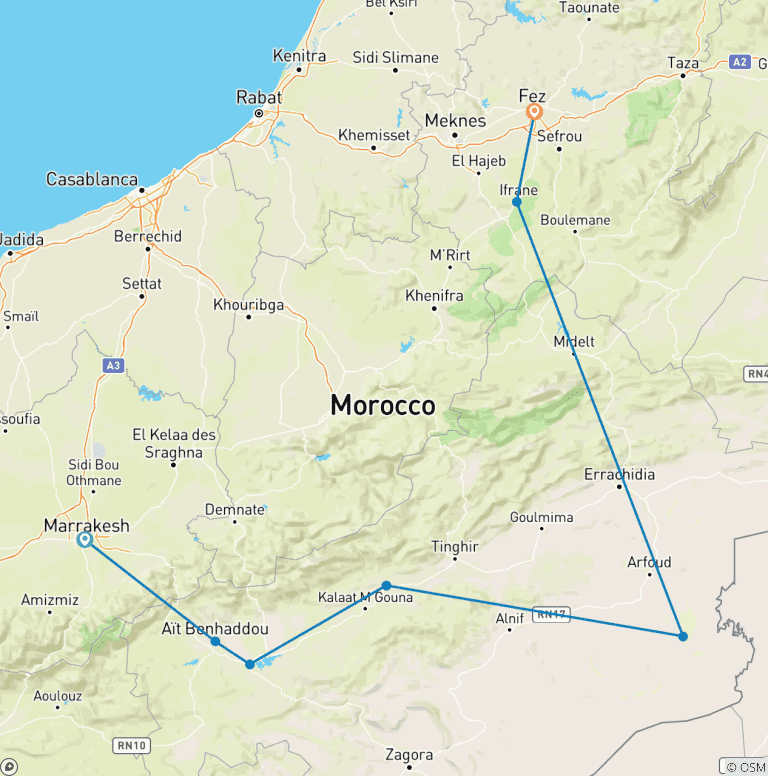 Map of 3-Day Desert Tour from Marrakech to Fes with Luxury Camp