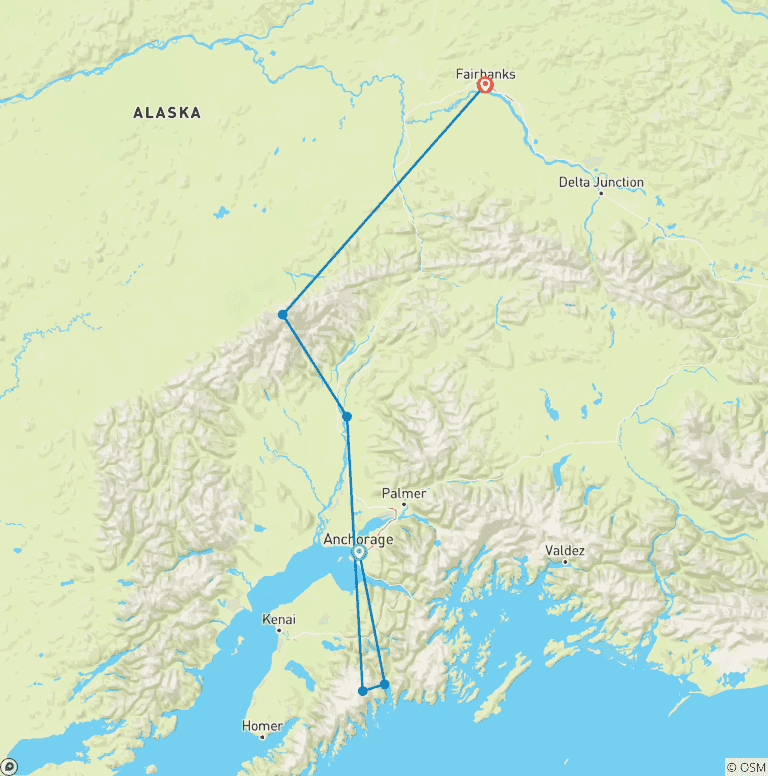 Map of 13-Day Alaskan Highlight Lodging Adventure Tour