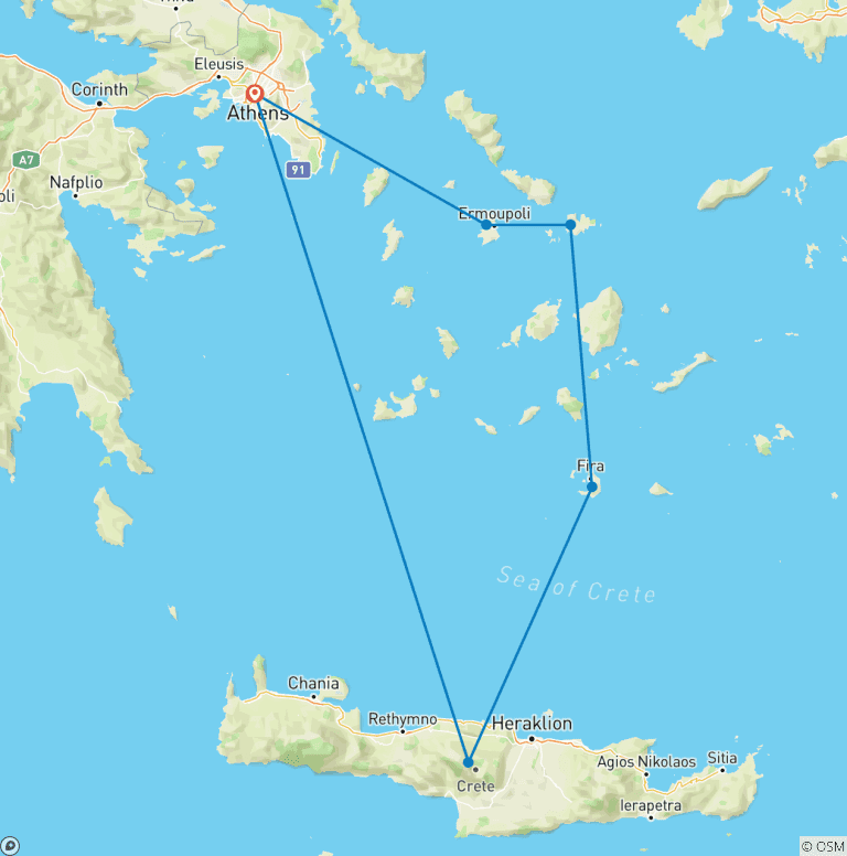 Map of Best of Greece (15 days) Athens & 4 Islands in 15 days (Self-Guided)