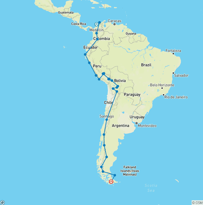 Map of Cartagena To Ushuaia (100 Days) Tip To Tail