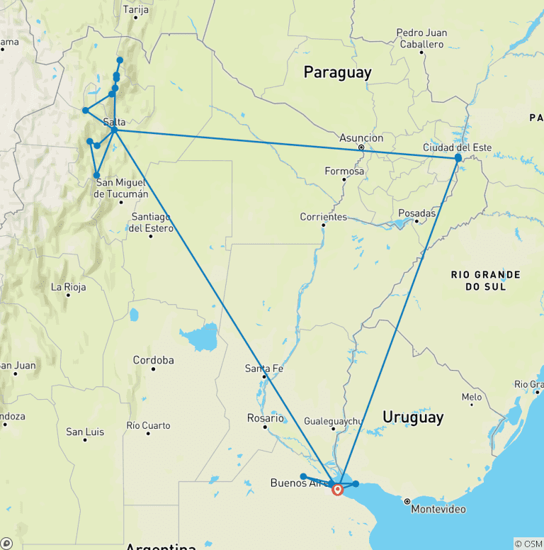 Map of Buenos Aires, Iguazu Falls, and Autotour in the Northwest of Argentina