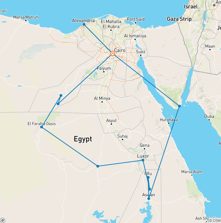 Map of 20 Days Cairo, Desert Safari to Luxor, Nile Cruise, Sharm El Sheikh & Alexandria