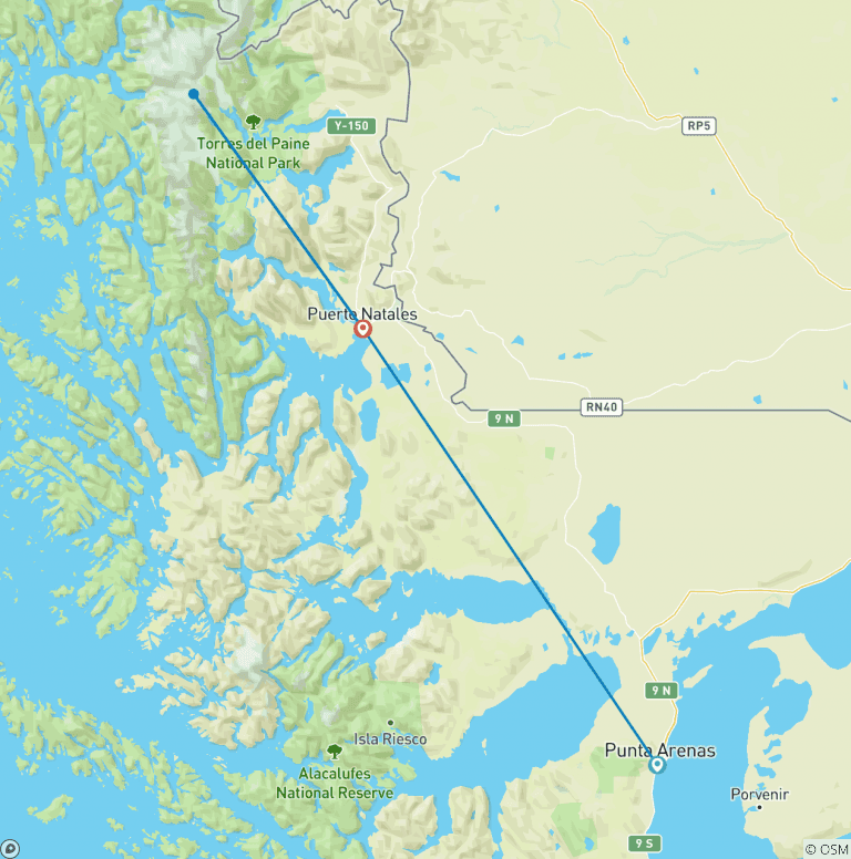 Map of Puerto Natales and Torres del Paine Adventure – 3 Days (Chile)