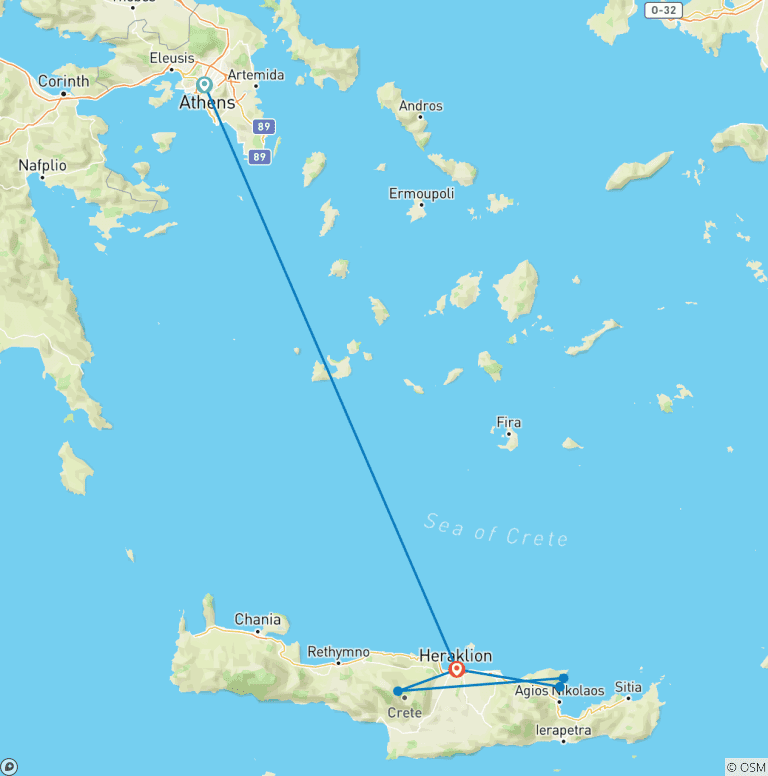 Map of 8 days Experience Athens & Crete (Self-guided)