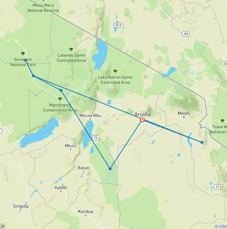 Map of 8-Day Luxury Wildebeest Migration River Crossing Tour in Tanzania