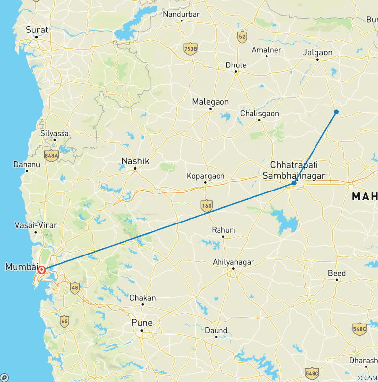 Map of 3-Day Private Trip to Ajanta Ellora Caves From Mumbai with Flights