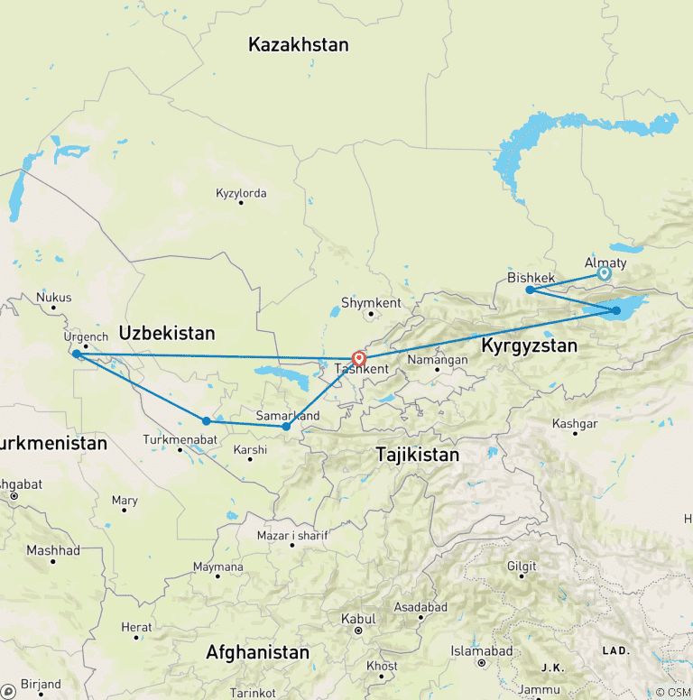 Map of Central Asia 14 days tour