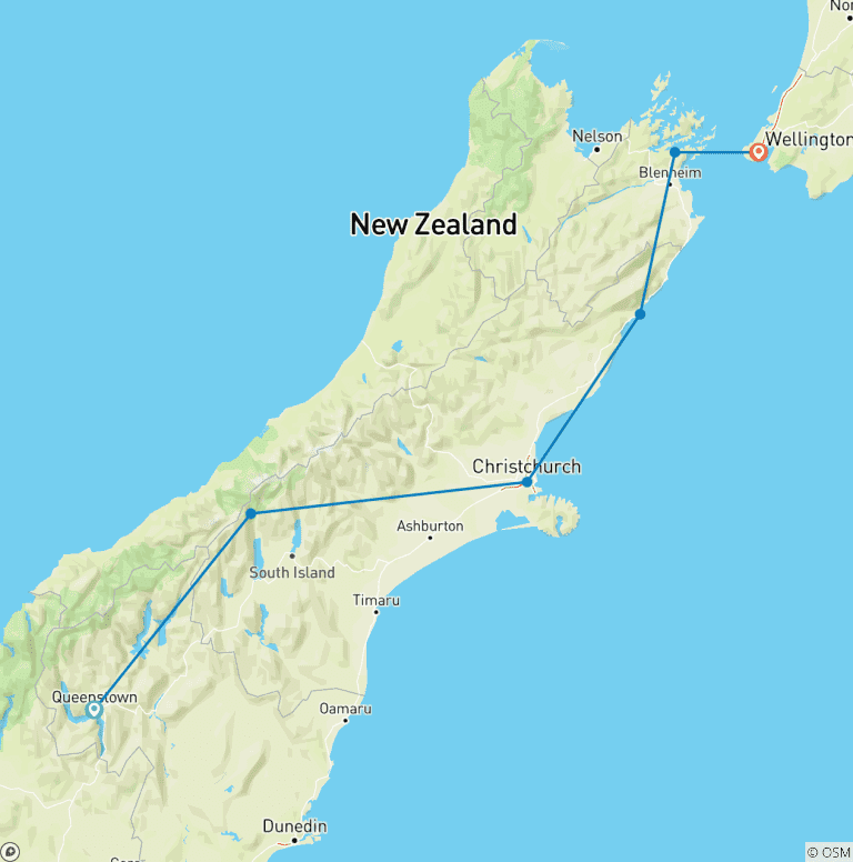 Map of Queenstown to Wellington Highlights - 7 Day Self Drive Tour