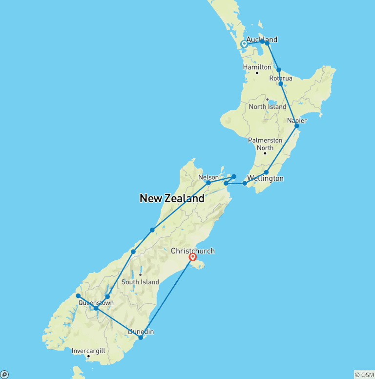 Map of New Zealand Grand - 14 Day Self Drive Tour