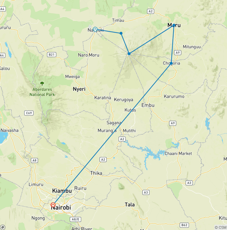 Map of Conquer Mount Kenya: 5-Day Trek via Sirimon–Chogoria Route