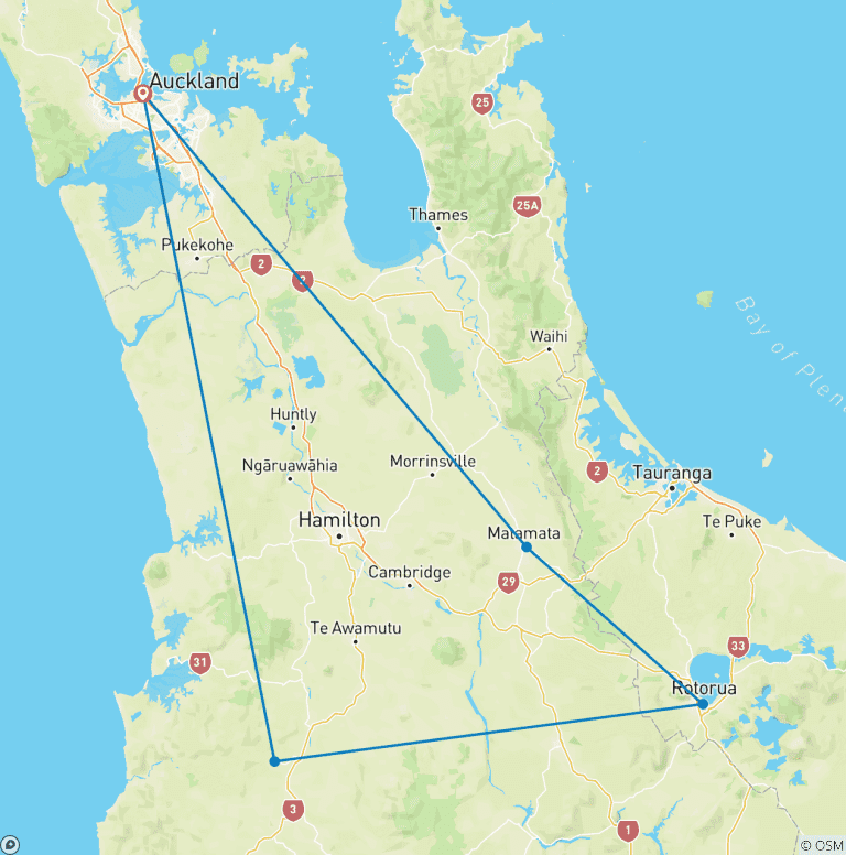 Map of 2 Days Waitomo Caves, Hobbiton Movie Set & Rotorua Tour from Auckland