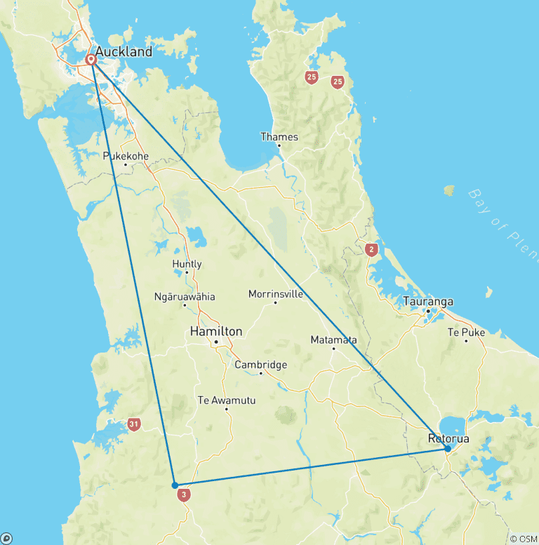 Map of 2 Day Waitomo Caves and Rotorua Tour from Auckland