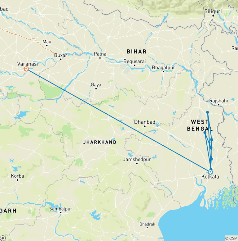 Map of Cruise on the Ganges: The Sacred Waters between Kolkata and Varanasi (port-to-port cruise) (from Kolkata (Calcutta) to Varanasi)