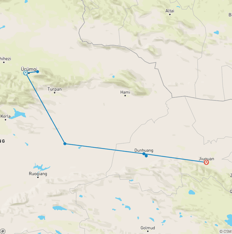 Map of Silk Road At A Glance: Urumqi to Turpan, Dunhuang and Jiayuguan 7D