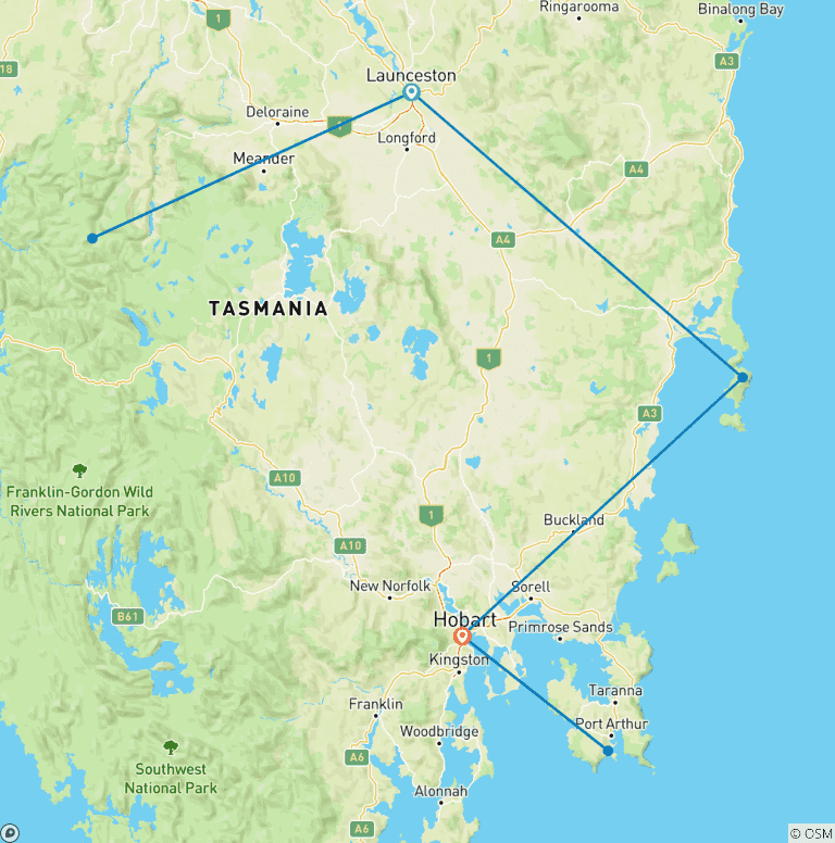 Map of The BIG 3 Tasmania - Launceston to Hobart