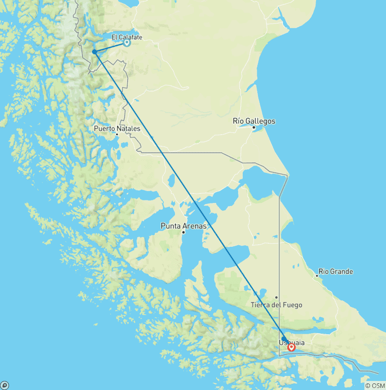 Map of Southern Patagonia: El Calafate & Ushuaia
