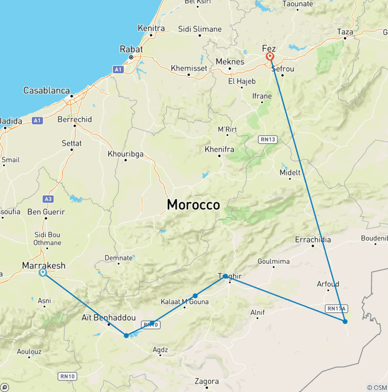 Map of 3 days Tour from Marrakech to Fes