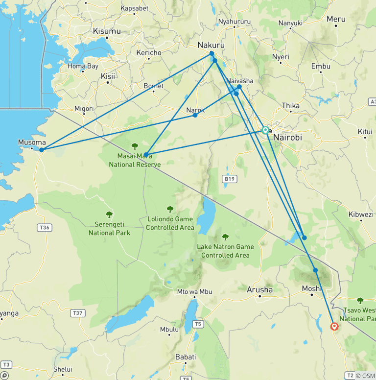 Map of 7 DAYS MASAI MARA, L. NAKURU, L.NAIVASHA & AMBOSELI BUDGET SAFARI