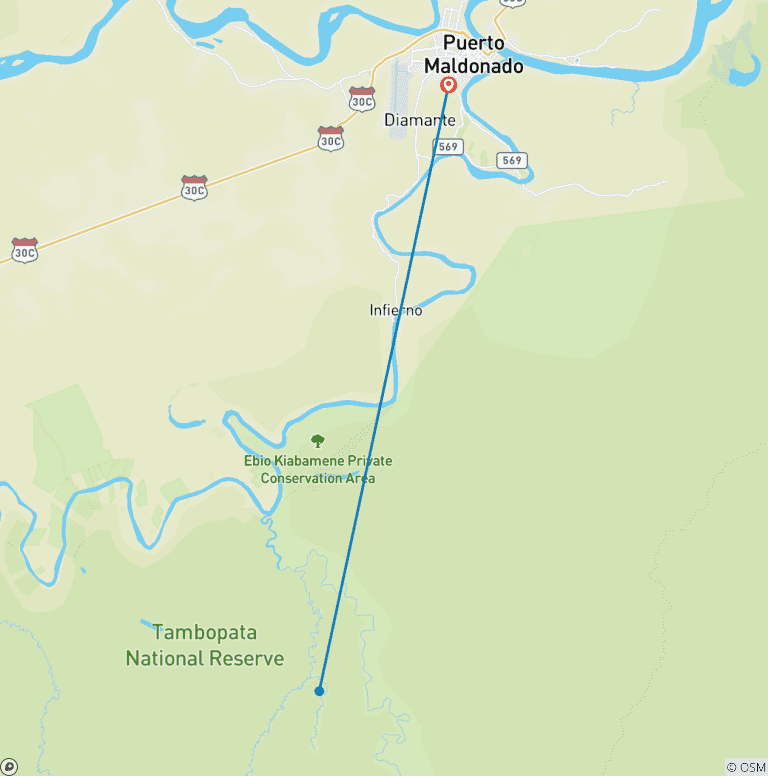 Map of 2 days 1 night – Peruvian Tambopata Jungle