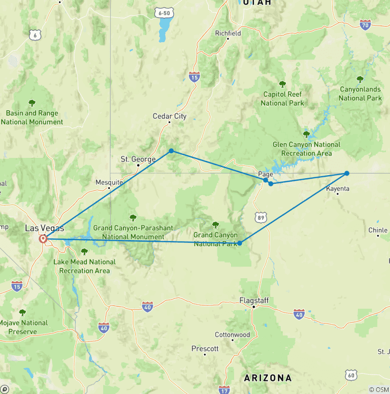 Map of Grand Canyon and More 3 day tour
