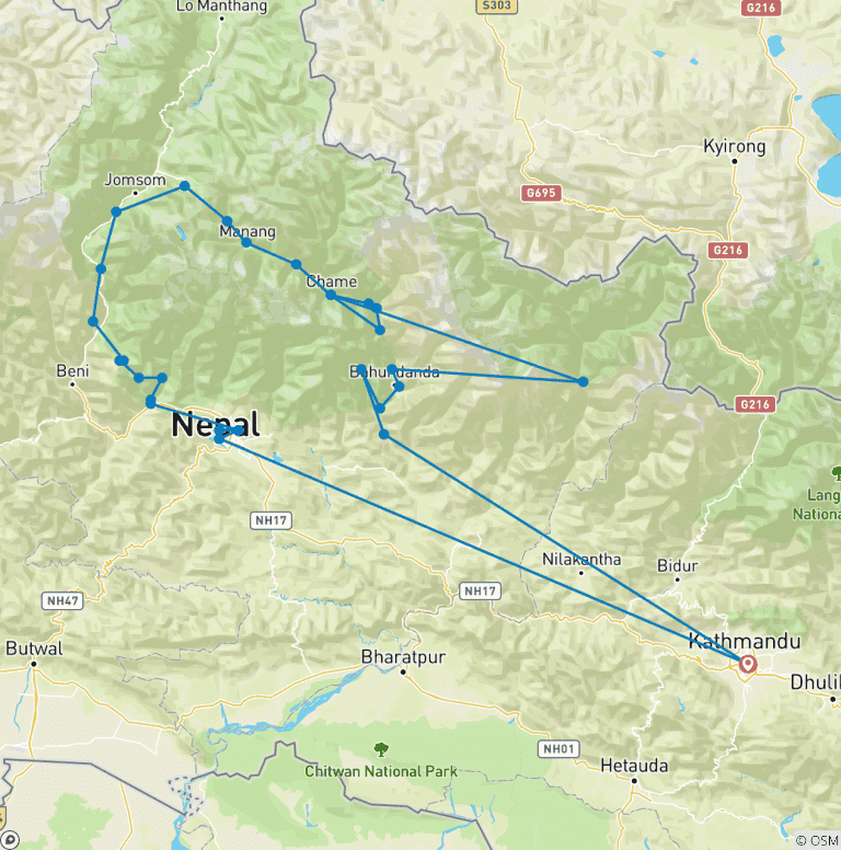 Map of 23 Days -Annapurna Circuit Trek - Leisurely