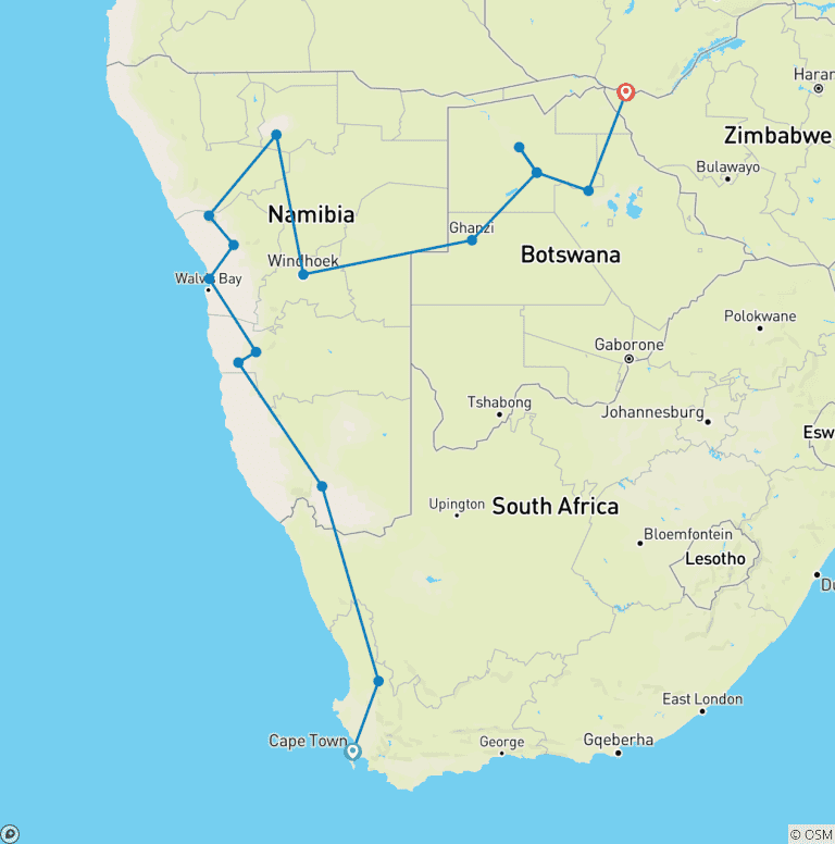 Map of Cape Town to Victoria Falls Explorer