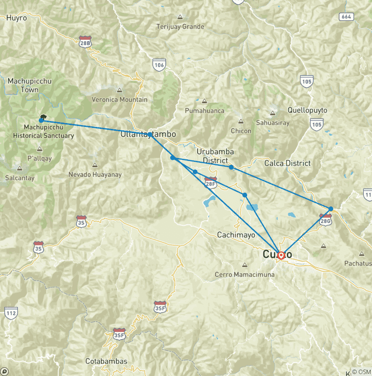 Map of 7 Day package 'Trek to Machu Picchu through the Inca Trail'