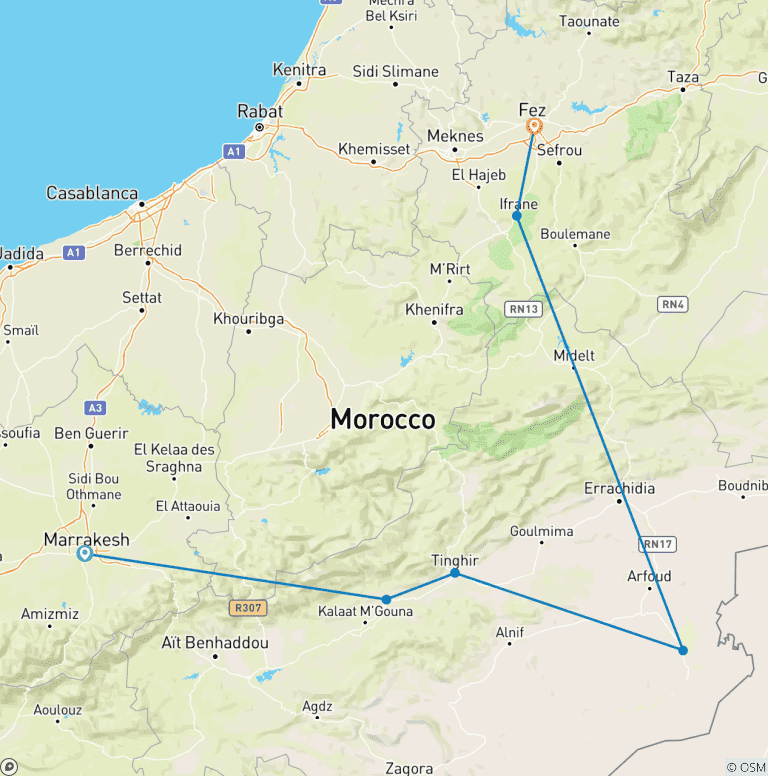 Map of 3 Days Desert Tour From Marrakech  To Fes