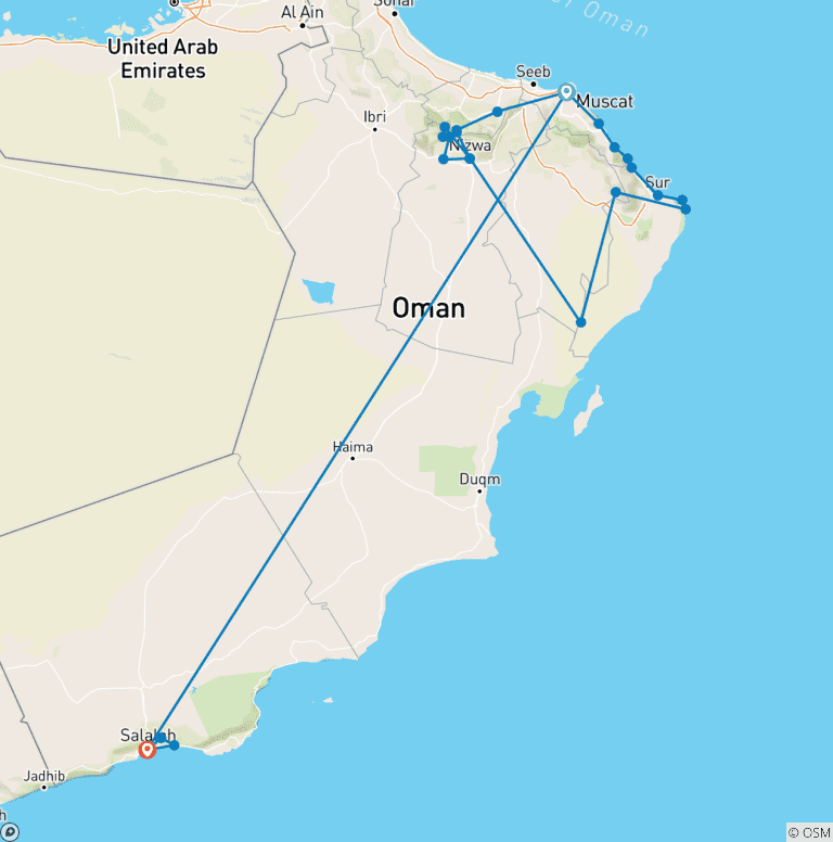 Map of Grand Nights of Oman 10 Days – Oman Tour Package