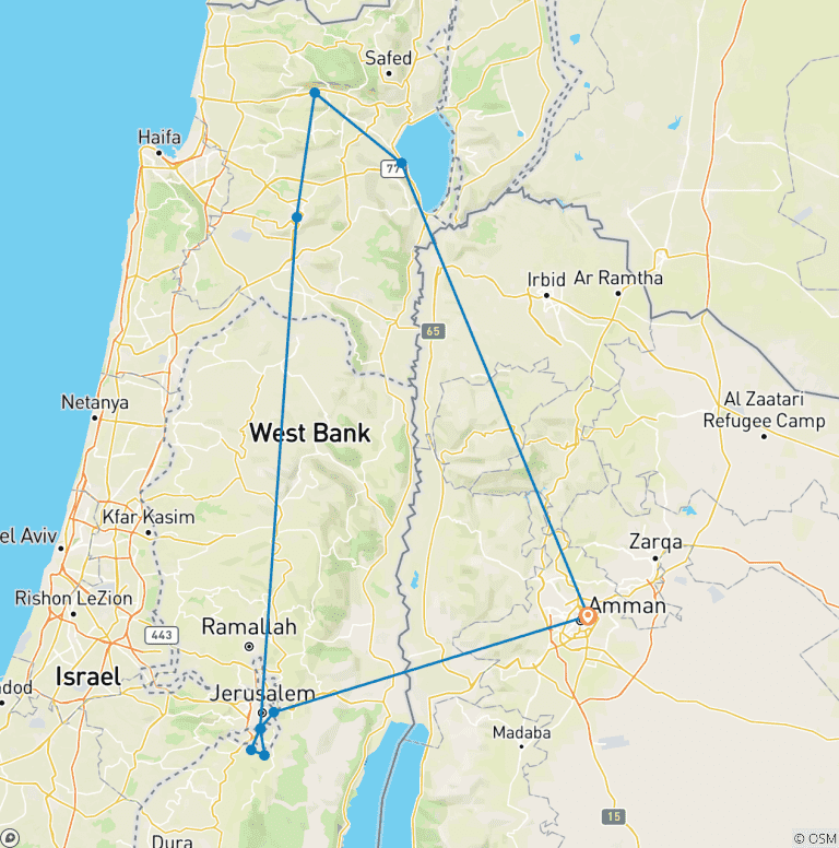Map of 3 Days - 02 Nights Tour to Jerusalem, Bethlehem, Nazareth and Galilee from Jordan (JR-JHT-005)