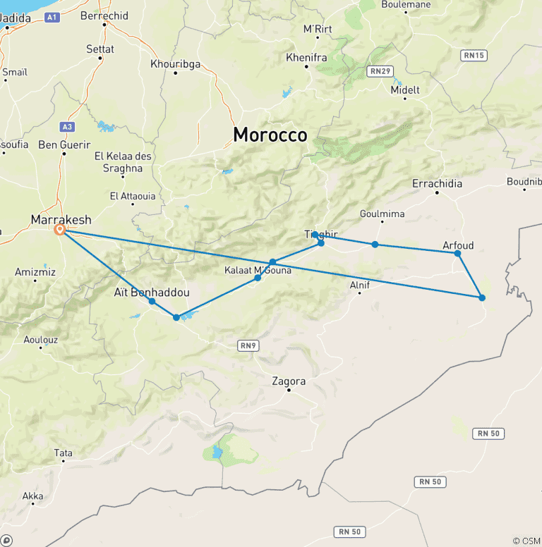 Map of From Marrakech 3-Day, 2-Night Desert Trip to Merzouga Dunes