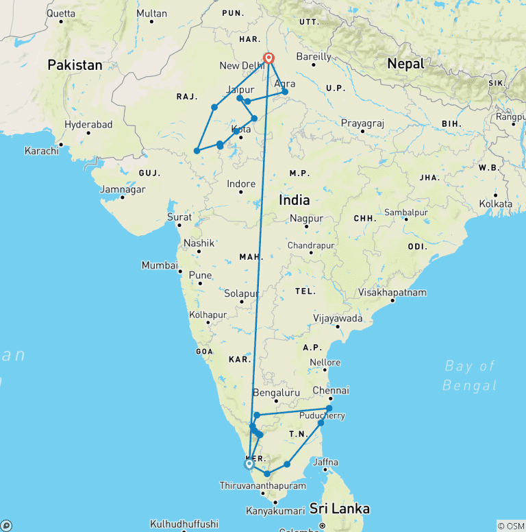 Map of India South & North (from Kochi (Cochin) to New Delhi)