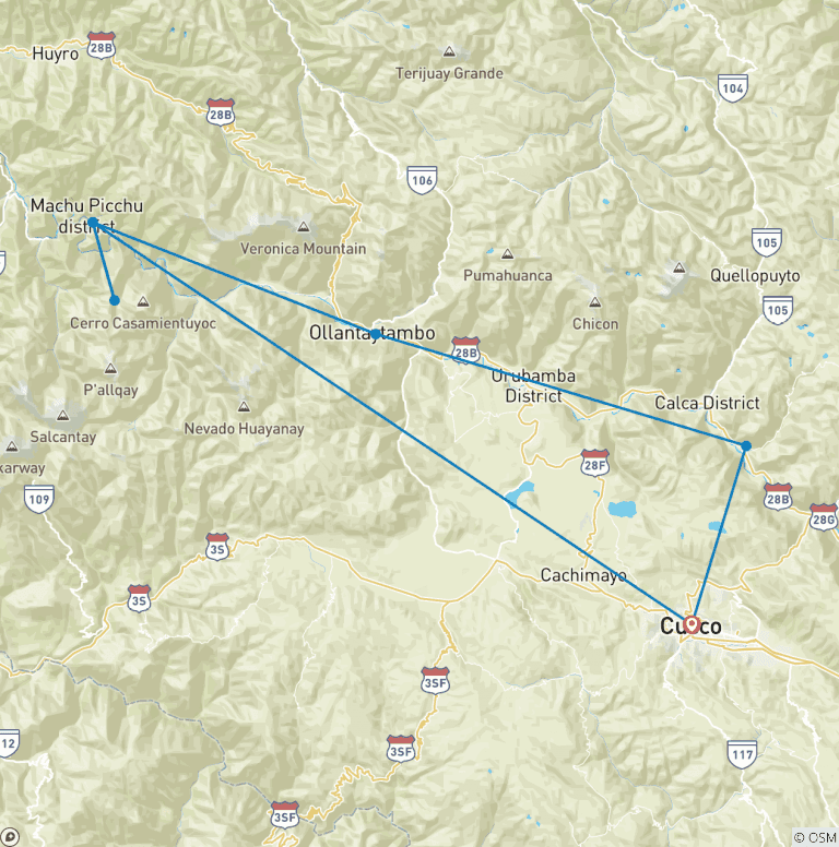 Map of Huchuy Qosqo trek to Machu Picchu  3D/2N