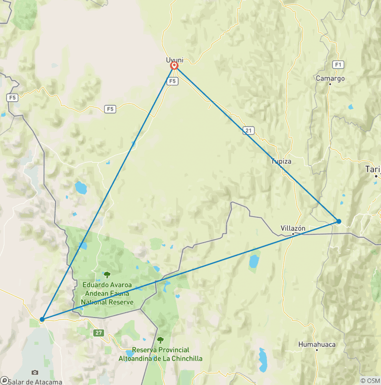 Map of Uyuni Salt Flats & Desert Adventure 3D/2N (Uyuni to Atacama)