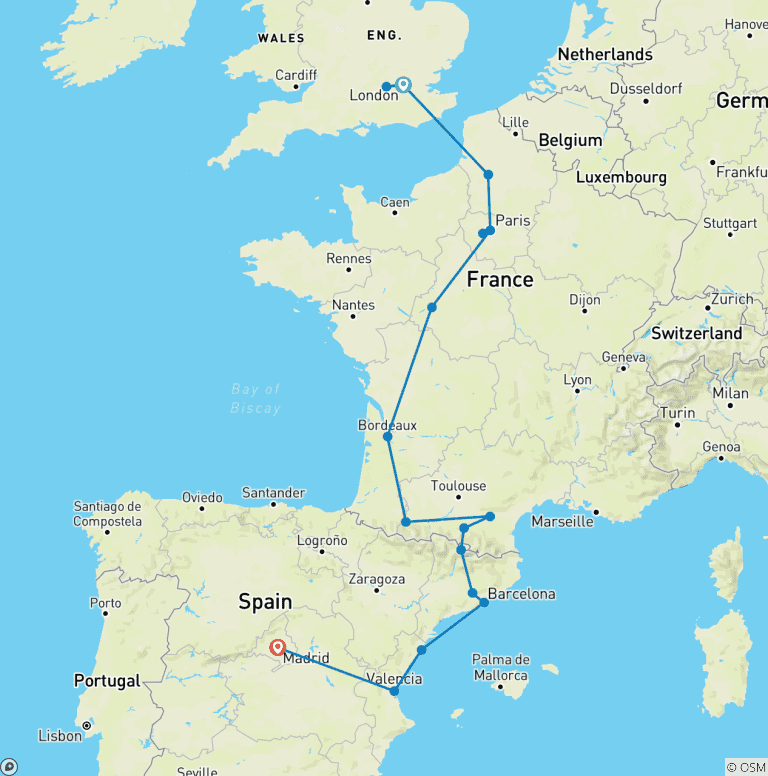 Map of London to Madrid