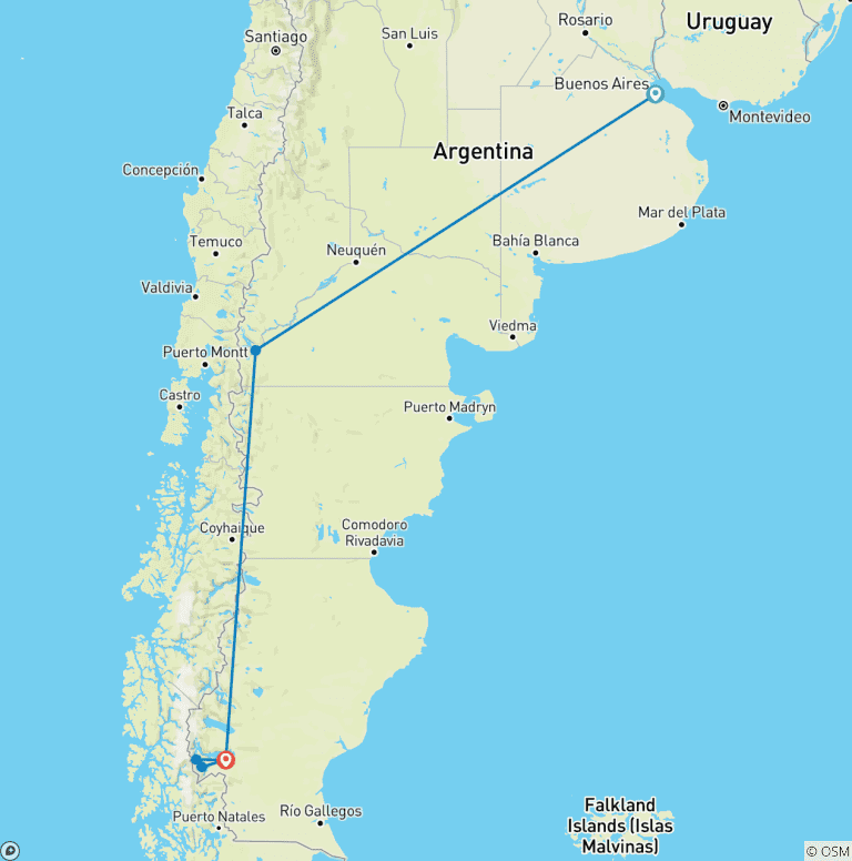 Map of Argentina - Buenos Aires, Bariloche and Calafate - 10 days