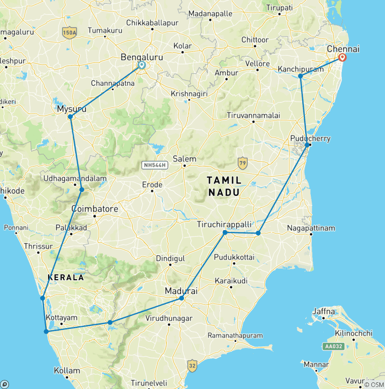 Map of Amazing  South India tour with Karnataka & Kerala & Pondicherry and Tamilnadu