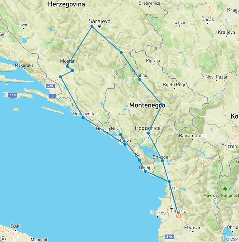 Map of Western Balkan Explorer Tour “Blue Route”(Espanja)