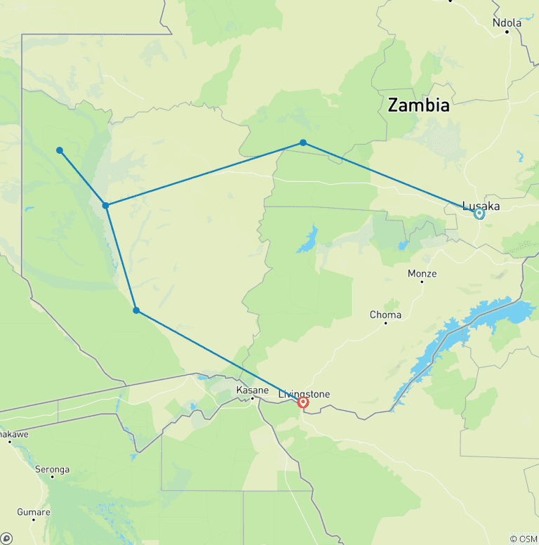 Map of Wild West Zambia 15 Days/14 Nights