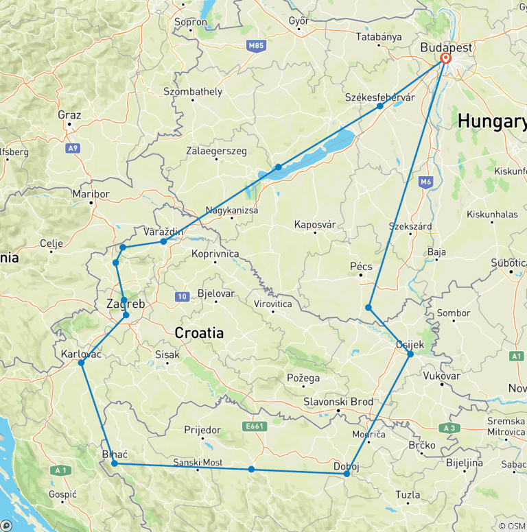 Map of Balkan castles 13-days tour. Visit 17 castles & fortresses in Hungary, Croatia and Bosnia.