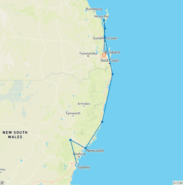 Map of Sydney to Brisbane – 8 Day Boutique Tour