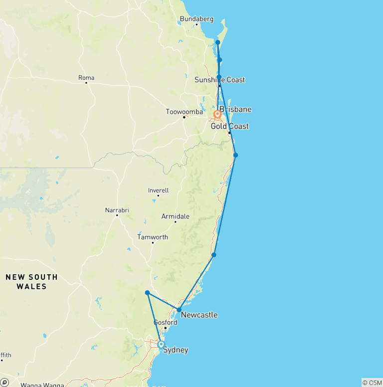 Map of Sydney to Brisbane – 8 Day Boutique Tour