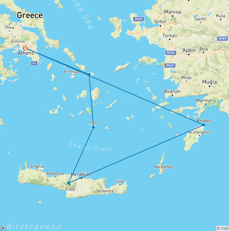 Map of 13 Day Island Tour in Mykonos, Santorini, Crete & Rhodes