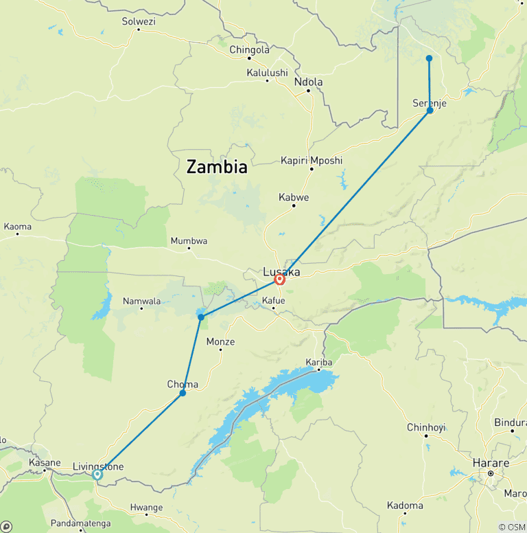 Map of Zambia: Incredible Shoebill Stork & other bird species watching in Bangweulu wetlands & Lochinvar for 16 days.
