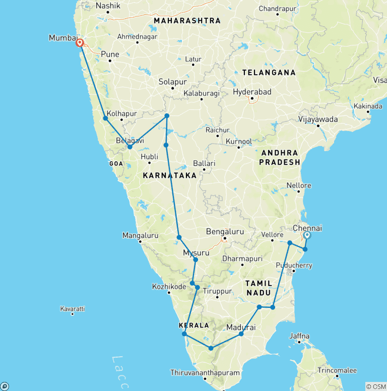 Map of South India Tour With Periya National park & Goa & Mudumalai  Wildlife Safari